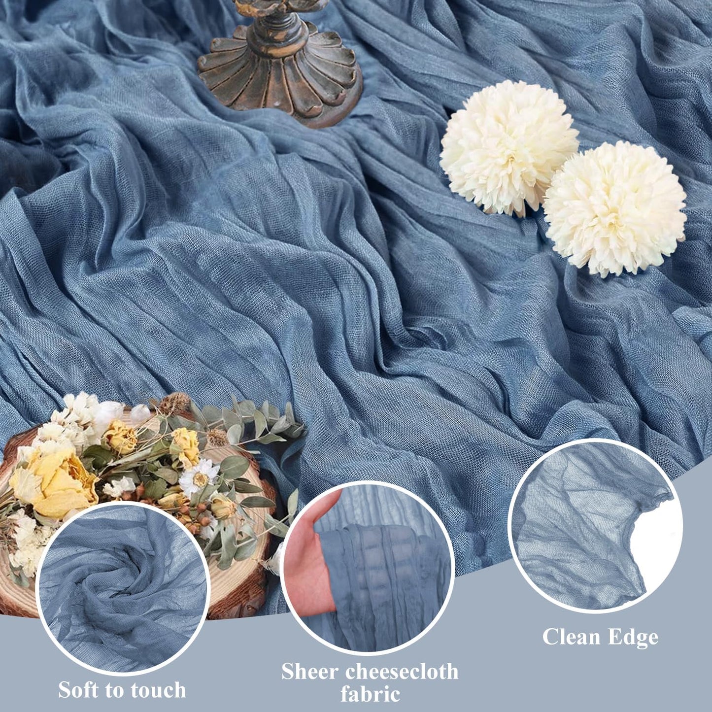 Asee'm Cheesecloth Table Runner 120 Inches Dusty Blue Boho Gauze Cheese Cloth Runner 10FT Rustic Sheer Dining Table Runners for Fall Thanksgiving Wedding Baby Shower Decoration