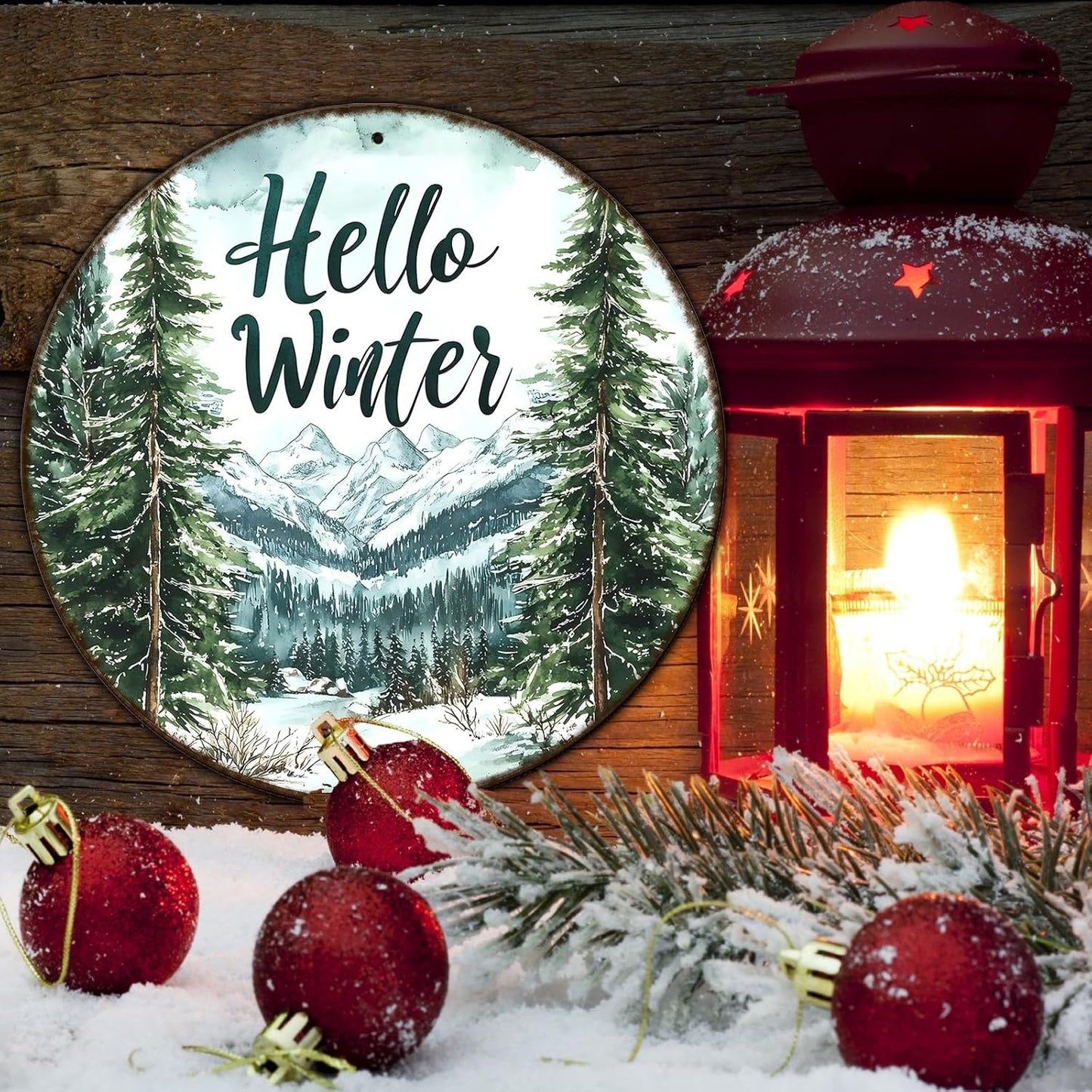 Round Christmas Metal Tin Sign Hello Winter Sign Christmas Pine Trees Welcome Door Sign Xmas Winter Holiday Farmhouse Rustic Wreath Sign for Indoor Outdoor Home Wall Window Decor 12*12 in