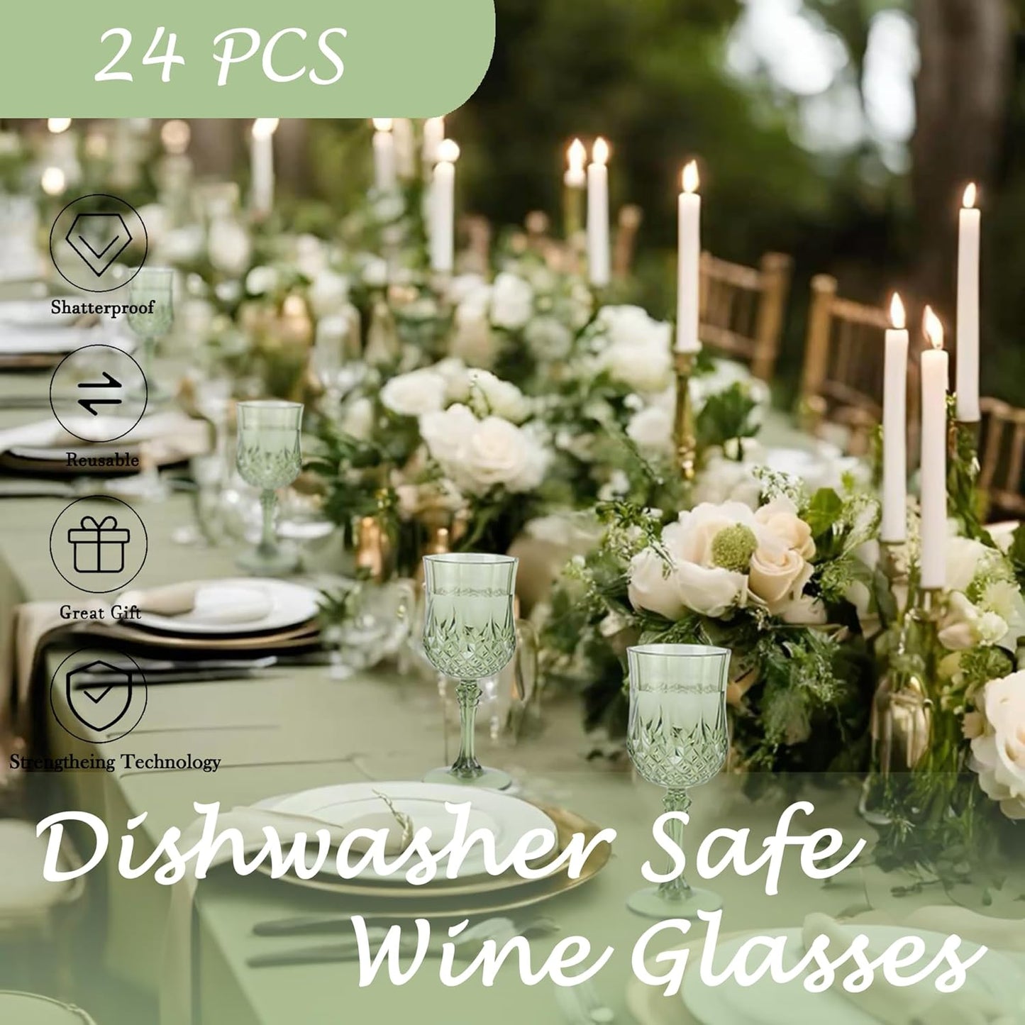 Plastic Wine Glasses，Plastic Goblets Vintage Style Cordial Drinking Glasses for Wedding Reception, Grand Event Party Supplies (24, New Green)