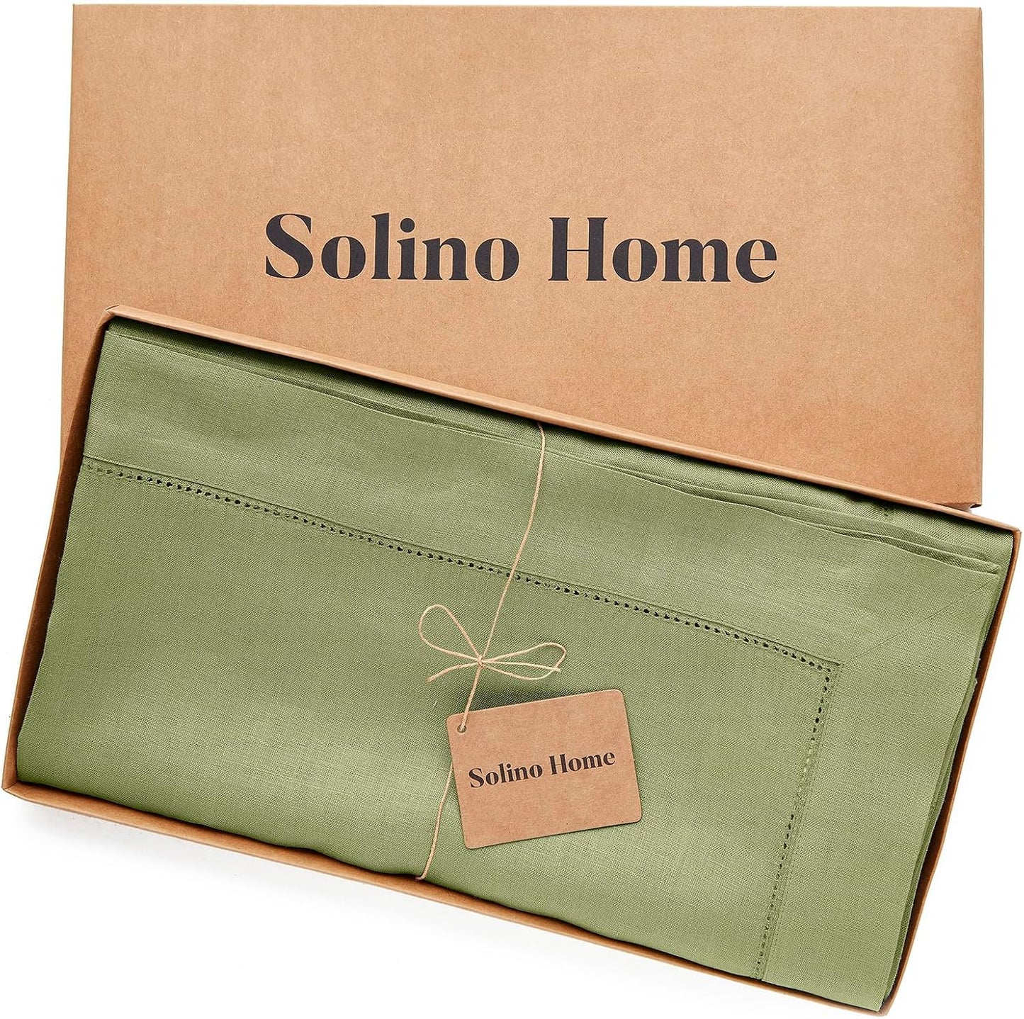 Solino Home Linen Tablecloth 60 x 144 Inch - Classic Hemstitch 100% Pure Linen Moss Green Table Cloth for Rectangle Tables - Machine Washable Tablecloth for Fall, Autumn, Thanksgiving