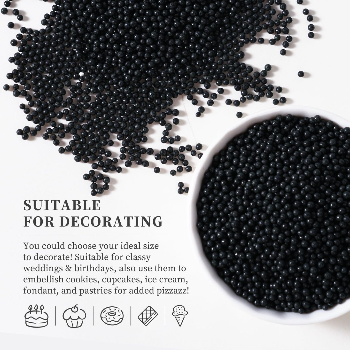 Edible Black Sprinkles, Black Nonpareils Sprinkles, 2mm Edible Pearls for Cakes, Cupcakes, Macarons, Donuts, Cakesicles, Perfect for Halloween (120g/4.23oz)