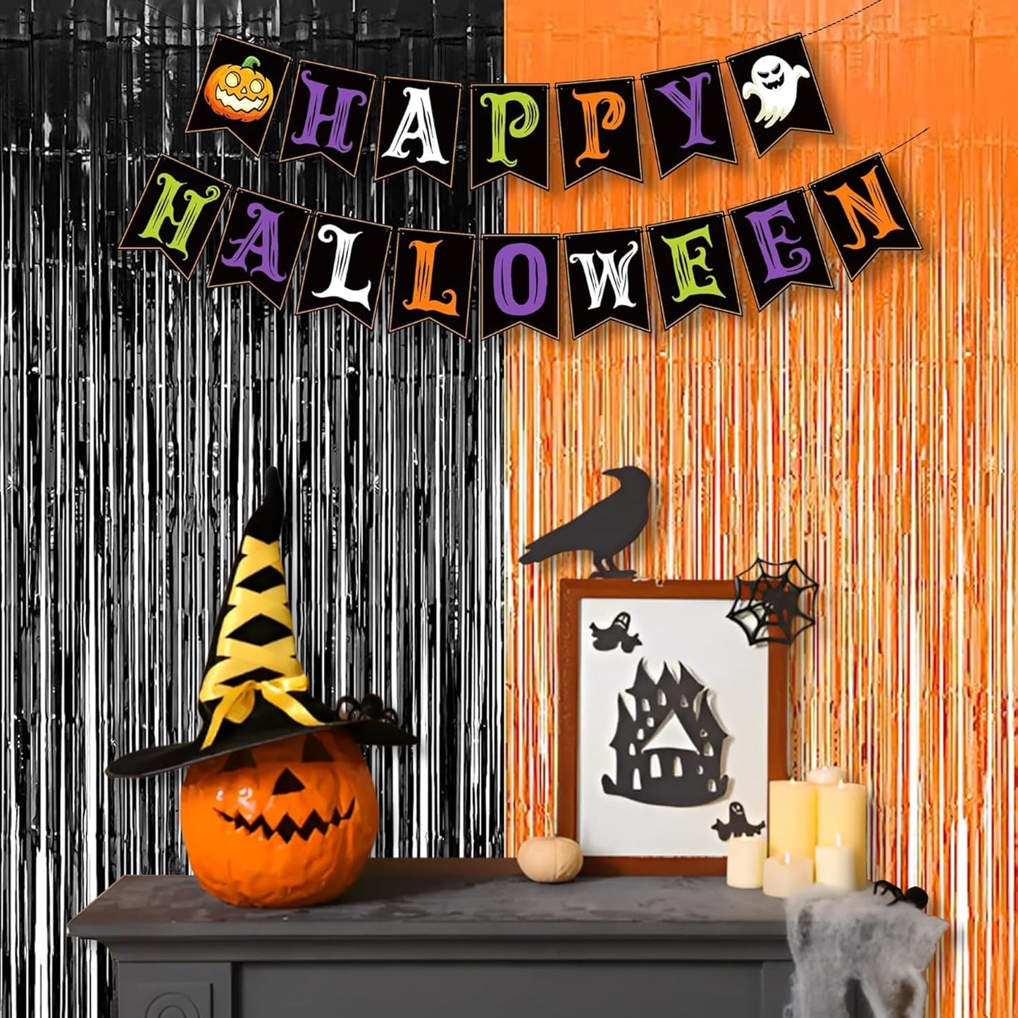 BRAVESHINE 1 Black 1 Orange Tinsel Photo Backdrop Curtains - 3.2x8.2ft Foil Fringe Streamer Curtain for Birthdays, Halloweens, Graduations, Pumpkin, Home, Indoor or Outdoor Party Supplies Decorations