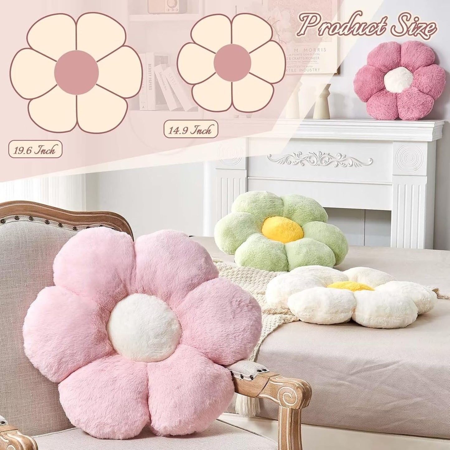 Pink Flower Pillow, Cute Decorative Flower Shaped Throw Pillow with Faux Rabbit Fur, 19.6" Soft Flower Plush Throw Pillow Floor Pillows Room Décor for Bedroom Living Room