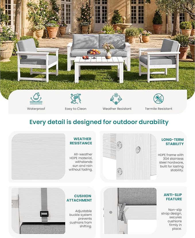 SERWALL 2 Pieces Single Cushioned Lounge Chair, HDPE Outdoor Adirondack Sofa - Image 4