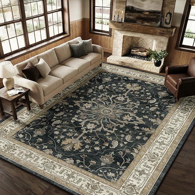 RELEANY Area Rugs 9'x12' Washable Non-Slip, Floral Vintage Distress Print - Image 2