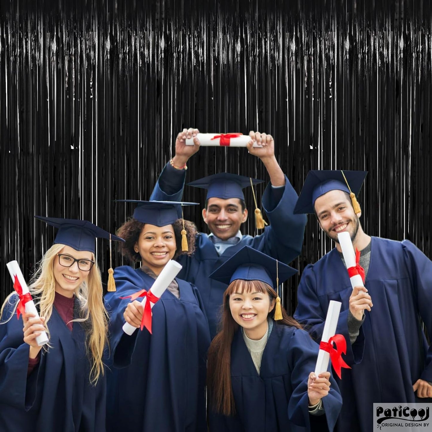 Black Streamers Party Decorations - Thicken 2 Pack 3.2 x 8.2 FT - Black Tinsel Foil Fringe Backdrop Curtains, Photo Booth Props for Birthday, Halloween, Retirement, Bachelor Party Decorations