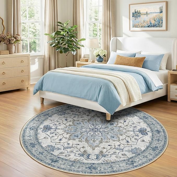 RELEANY Area Rugs Round 7ft Washable Non-Slip, Floral Vintage Distress Print - Image 2