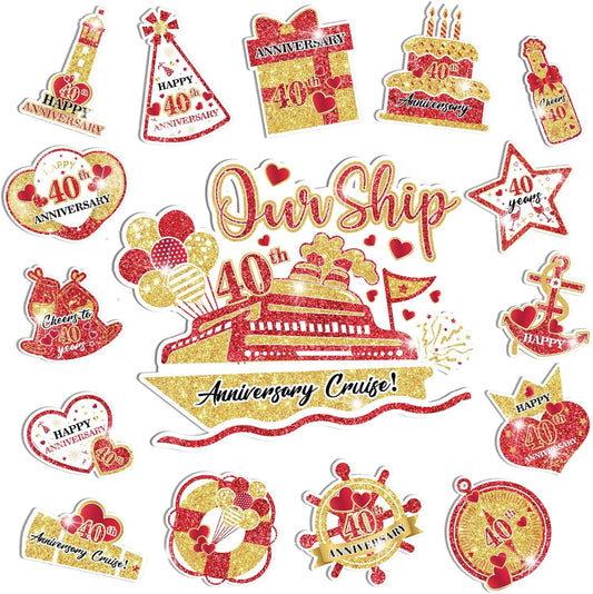 40th Anniversary Cruise Door Magnets Decorations Red Gold Happy 40th Anniversary Cruise Ship Door Decor Magnetic for Married in 1985 Men Women Wedding Party Refrigerator Fridge Car Kitchen Garage