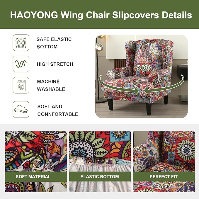 HAOYONG Wing Chair Slipcovers Elastic Boho Printed Wingback Chair Covers 2 - Image 4