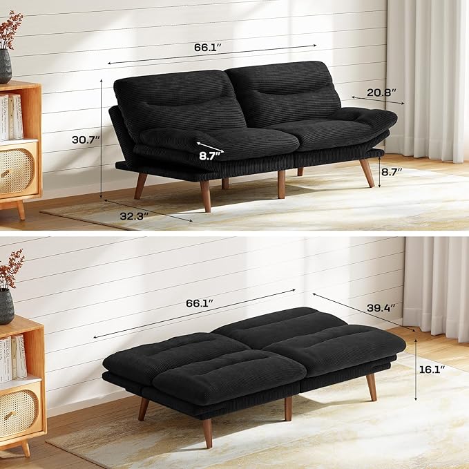 Marsail 66" Futon Sofa Bed, Convertible Corduroy Futon Couch - Image 2