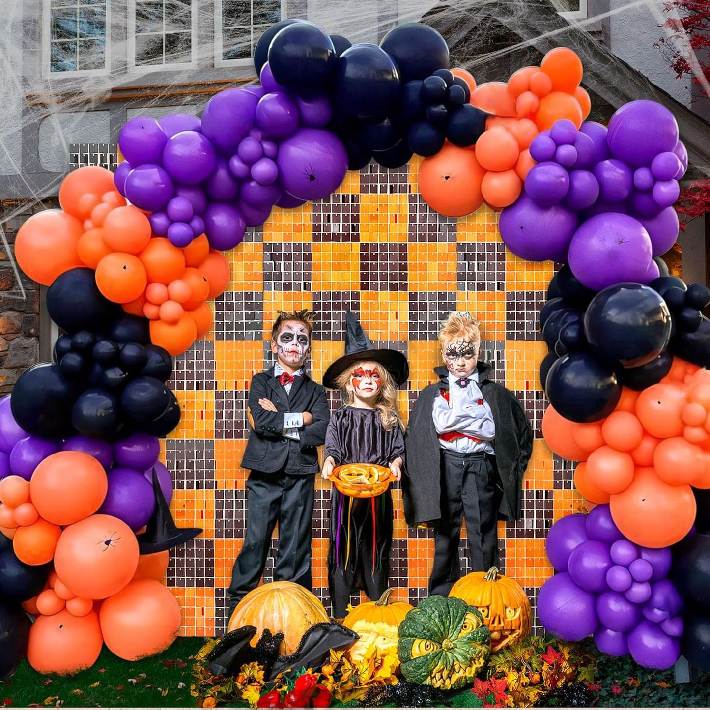 24PCS Black Orange Shimmer Wall Backdrop, Halloween Square Sequin Photo Backdrops Panel, Glitter Wall Background for Halloween, Birthdays, Weddings, Christmas, Engagements, Party Decor (4FTx6FT)