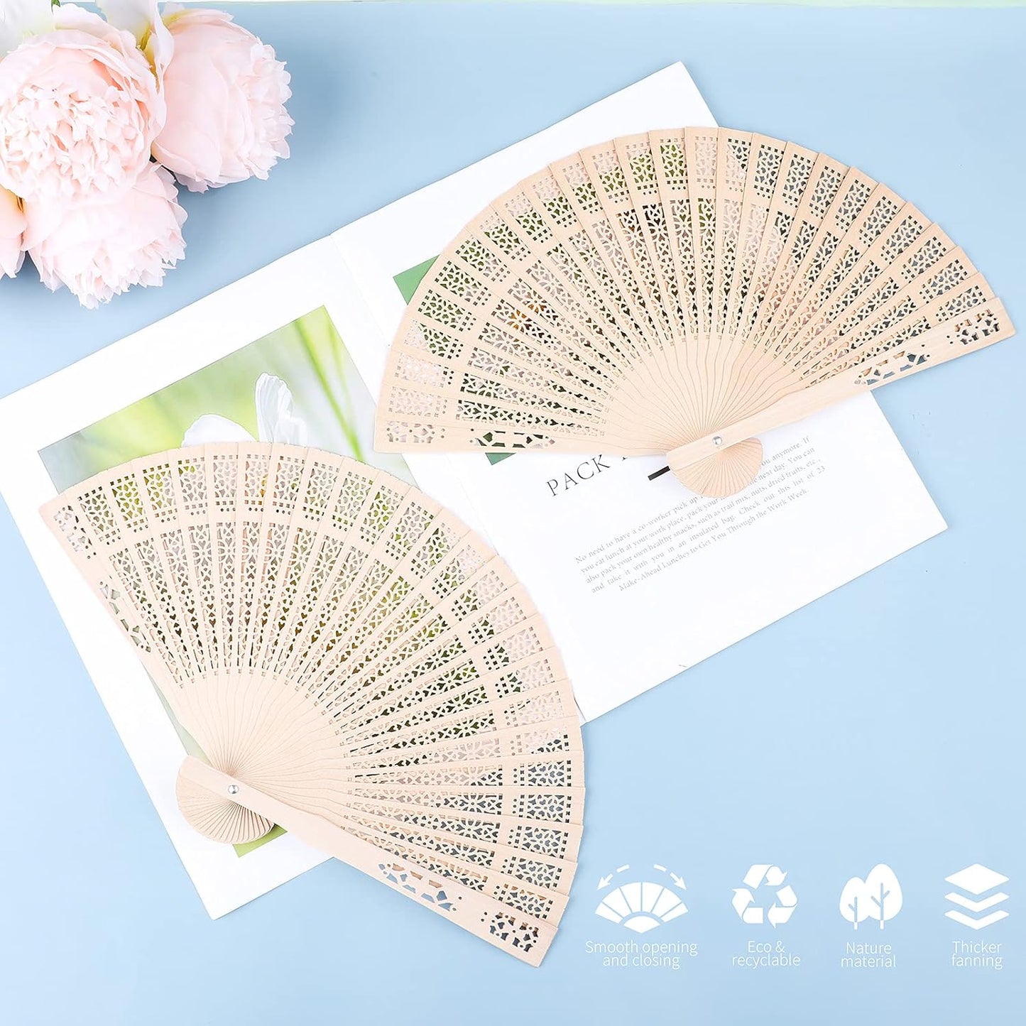 Durony 24 Piece Sandalwood Fans - Wooden Handheld Folding Fans, Scented, Vintage, for Wedding Decoration & Christmas Gifts, Natural