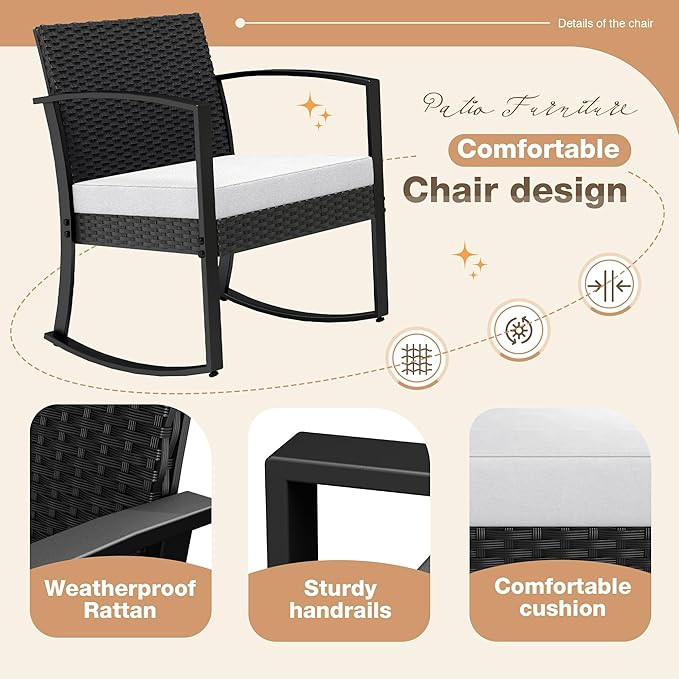 Greesum 3 Pieces Outdoor Furniture Set Patio Bistro Rocking Chairs - Image 3