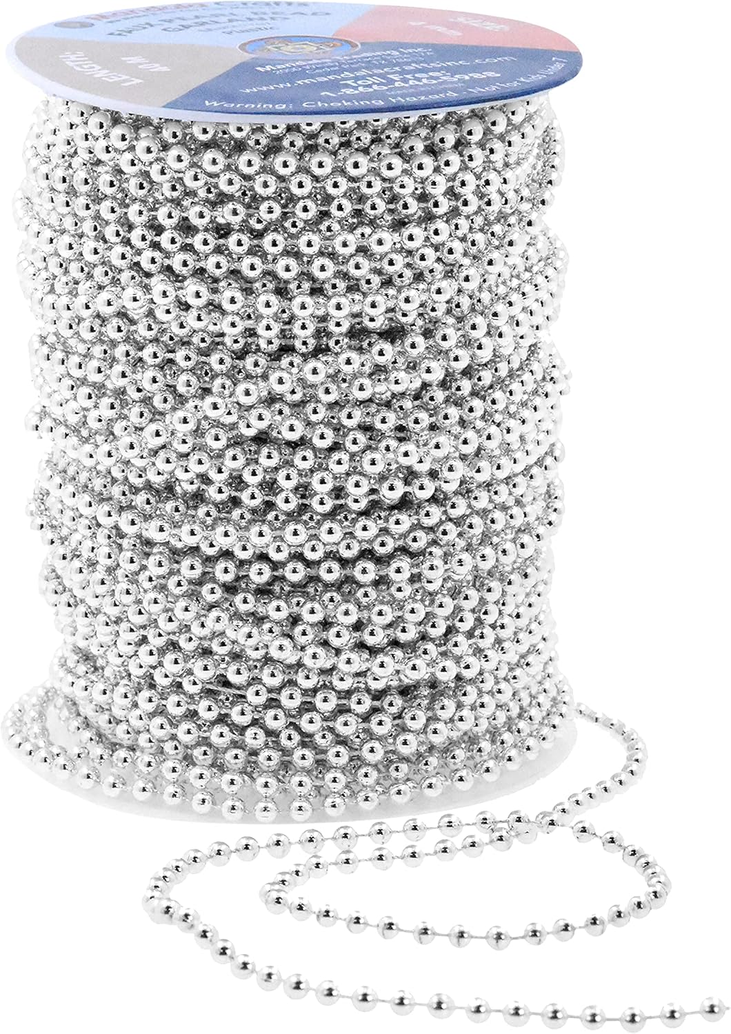 Mandala Crafts 4mm Faux Metallic Silver Pearl Beads Roll - 44 Yards Strand of Fake Pearls Chain Garlands Spool String for Christmas Tree, Wedding, Party, Vases, DIY Decoration