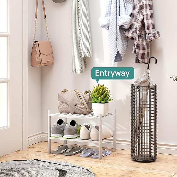 viewcare White Small Shoe Rack for Entryway, 2-Tier Bamboo Shoe Organizer for - Image 2