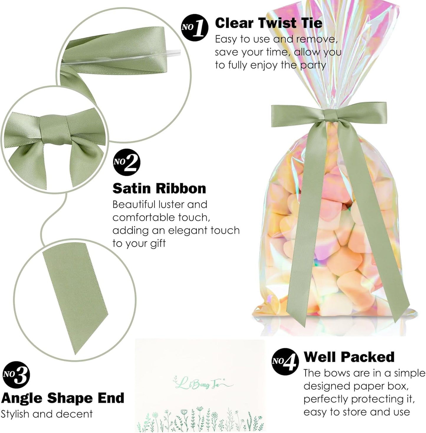 50 PCs Sage Green Bow Decor 5.5'' Satin Bows with Long Tail, Twist Tie Bows for Craft, Packaging Ribbon Bows, Premade Bows for Cake Decorating, Gift Bows for Treat, Wedding Favor, Party