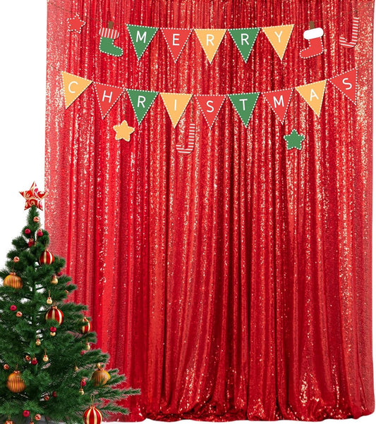 ShinyBeauty Red Sequin-Backdrop-Curtain 2Panels 5FTx10FT Glitter Wedding Photography Background Shimmer Curtains Payette Sequin Backdrops Red Sequins Fabric Backgrounds