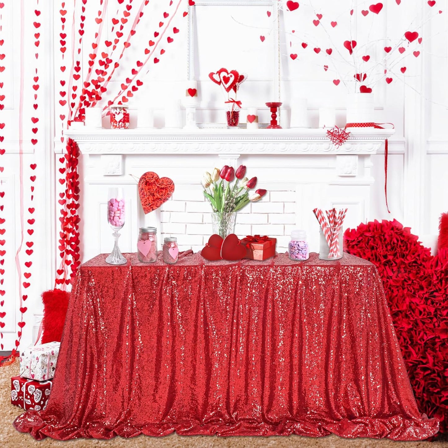 QueenDream Sequin Tablecloth 60x102 Inch Red Tablecloth Glitter Table Cloth for Bridal Shower Birthday Engagement Wedding Party Decorations