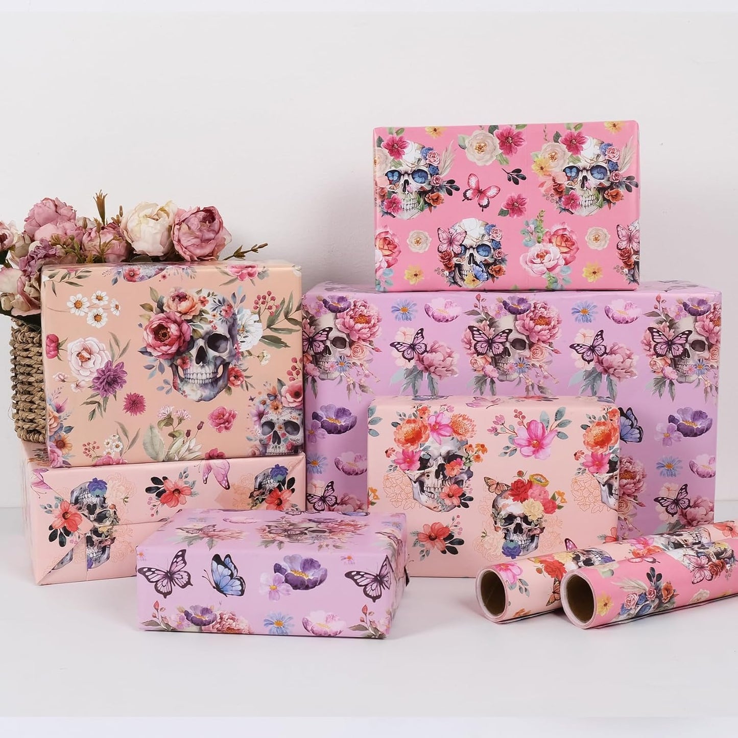 Aimyoo Gothic Wrapping Paper Rolls, 17 Inch X 10 Feet - 4 Rolls - Skull Floral Butterfly Design Gift Wrap Paper for Mother's Day, Birthday Bridal Shower