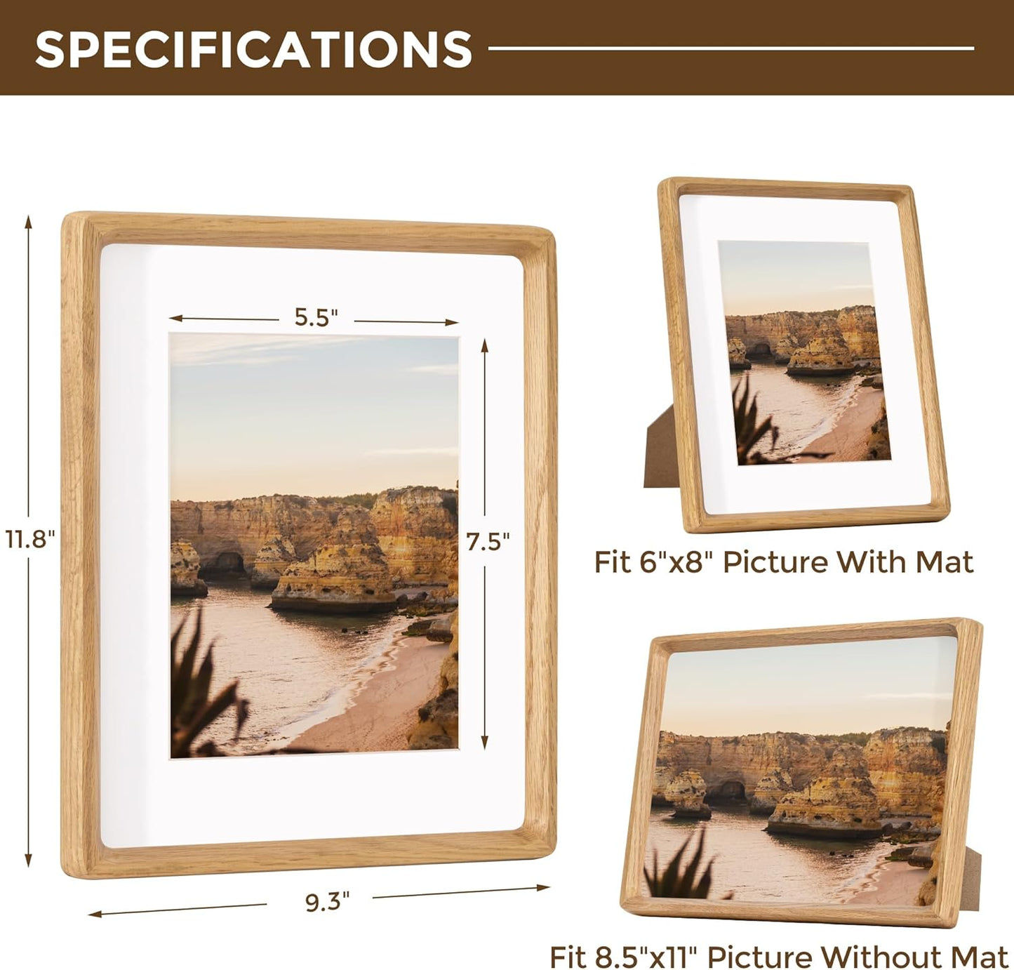8.5x11 Picture Frame USA-Sourced Natural White Oak Wood Solid Original Wood Photo Frame Handcrafted Rounded Corner with Mat to 6x8 Picture Display with Real Glass Famil Photo, Certificate