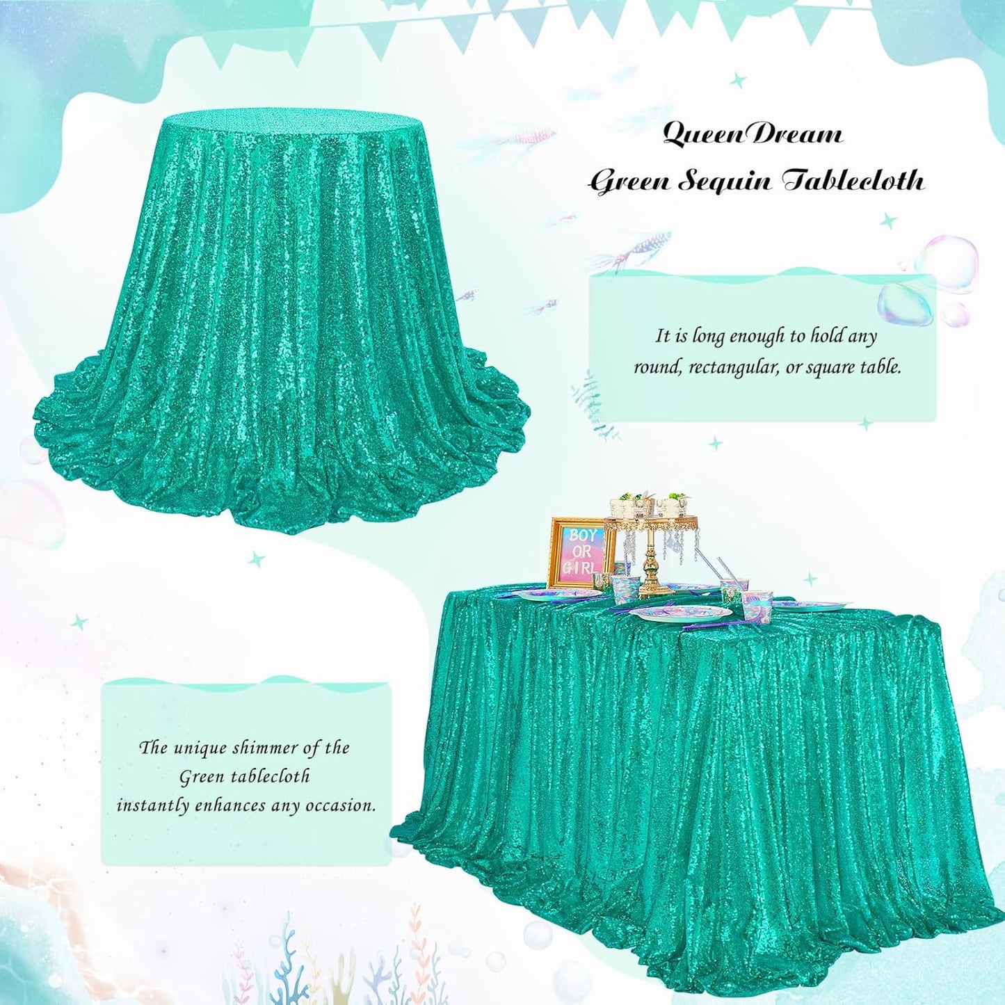 QueenDream Lake Green Tablecloth Party Decorations: Sequin Fabric Cover Drapes 60x102 Inch Tablecloth 16st Birthday Cake Table Mermaid Decor
