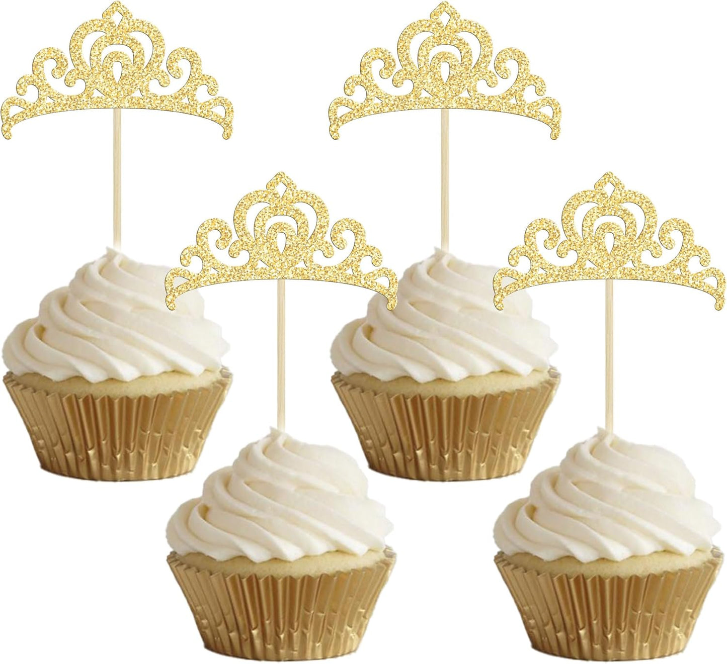 Gyufise 24Pcs Gold Princess Crown Cupcake Toppers Glitter Princess Cake Pick Decorations for Wedding Girl Birthday Baby Shower Party Decorations