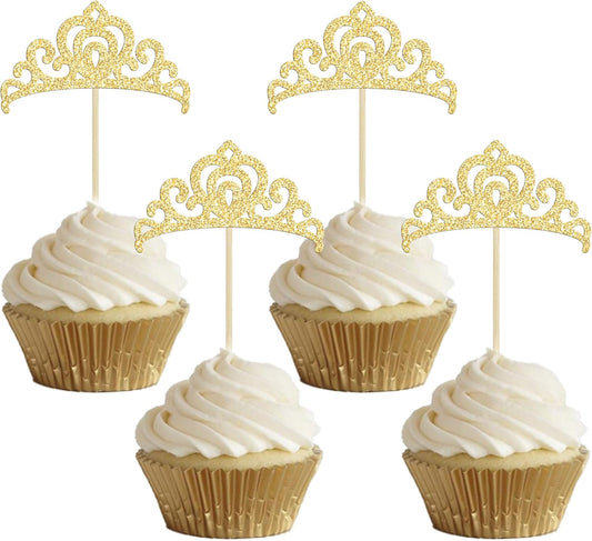 Gyufise 24Pcs Gold Princess Crown Cupcake Toppers Glitter Princess Cake Pick Decorations for Wedding Girl Birthday Baby Shower Party Decorations