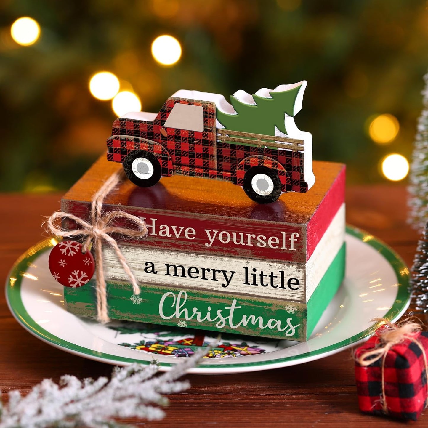 4 Pcs Christmas Table Decor Winter Table Decorations Christmas Tiered Tray Decor Decorative Truck Book Decorations Indoor Rustic Wooden Snowflake Block Sign Gift Farmhouse for Home Shelf