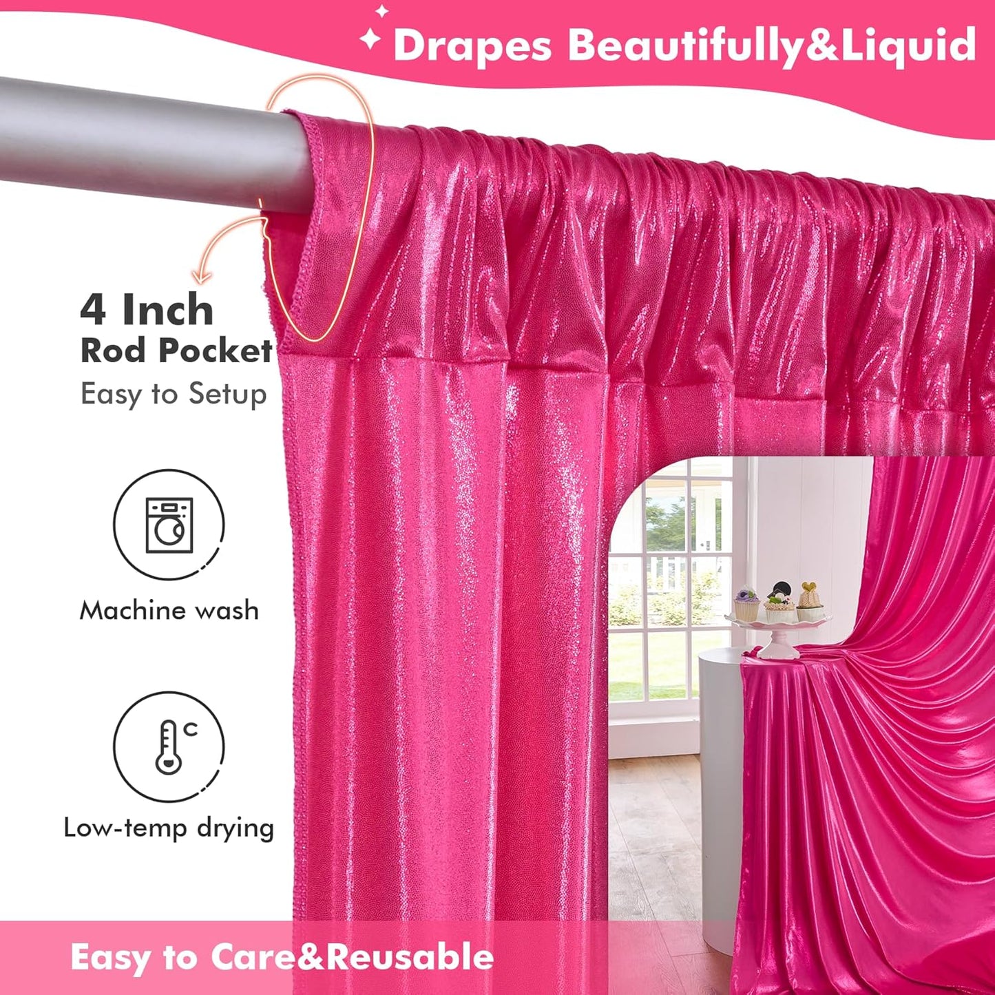 10x10ft Shimmer Hot Pink Sequin Backdrop Curtain for Parties, Thick Wrinkle Free Glitter Fuchsia Photo Backdrop Drapes Curtains for Birthday Wedding Halloween Photography Background-2 Panels 5x10ft