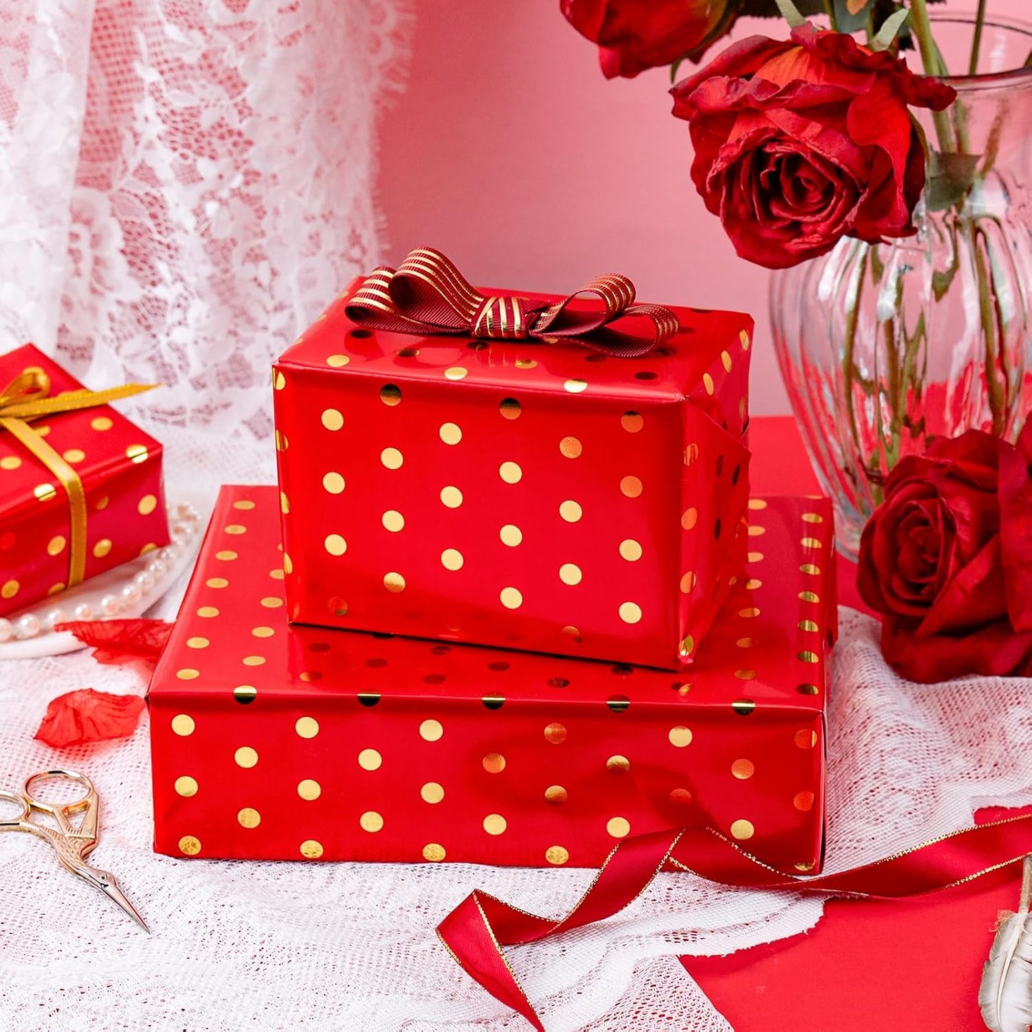 Flyhill Gold Foil Polka Dot Wrapping Paper Roll,Mini Roll Red Reversibl Gift Wrap for Birthday,Girls,Baby Shower,Wedding (17 Inch X 32.8 Feet)