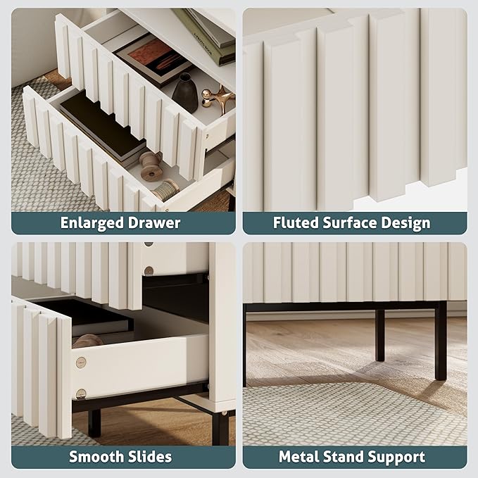 UEV Beige Fluted Nightstand Set of 2, Modern Nightstand - Image 5