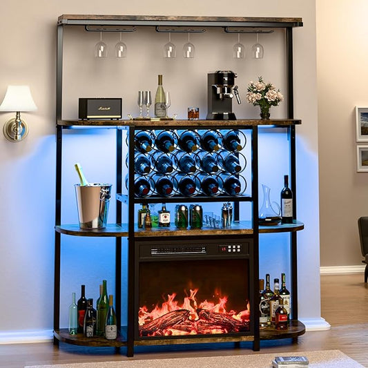 PUKAMI Bar Cabinet with Fireplace, Home Mini Bar Cabinet with Power Outlet and by PUKAMI