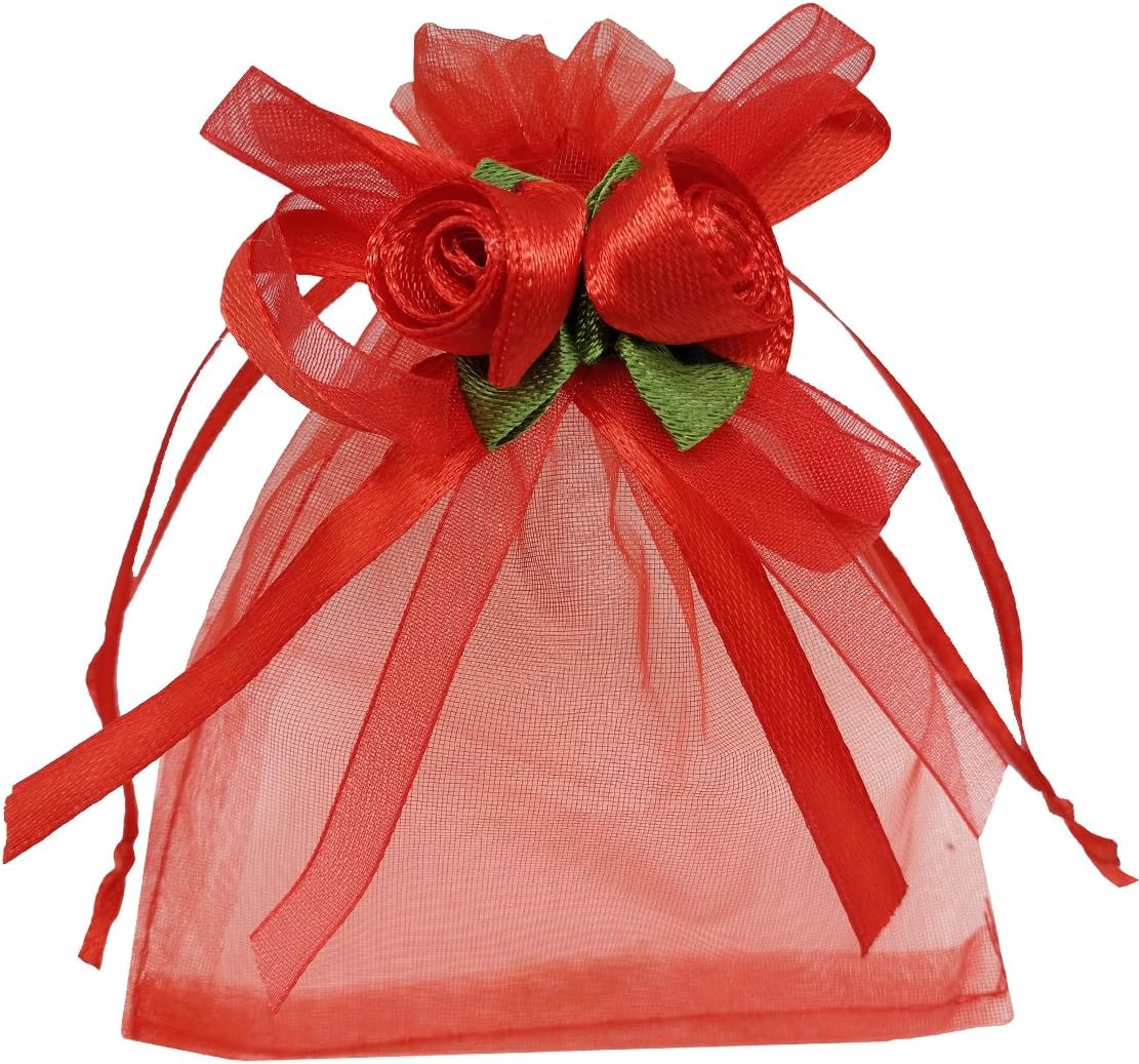 Ankirol 50pcs Sheer Organza Favor Bags For Wedding 3.8x4.8'' Gift Bags Samples Display Drawstring Rose Pouches (hot red)