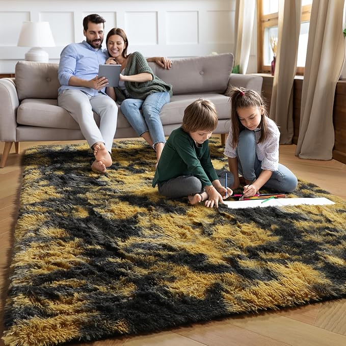 PAGISOFE 4x6 Black and Yellow Bedroom Rugs, Fluffy Modern Living Room Area Rug - Image 4