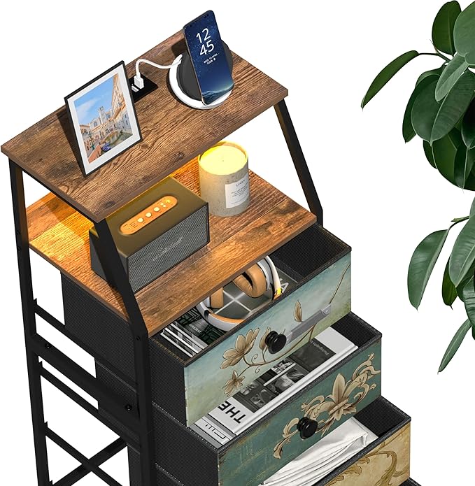 Tohomeor Nightstand with Fabric Drawers Dresser with 2 Tier Shelf Storage Tower - Image 7