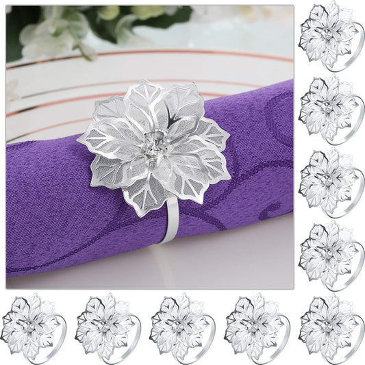 Hotop 12 Pcs Hollow Out Flower Napkin Rings Fall Napkin Ring Holder Metal Serviette Buckles Set for Dinner Thanksgiving Christmas Wedding Banquet Table Plates Decoration(Silver)