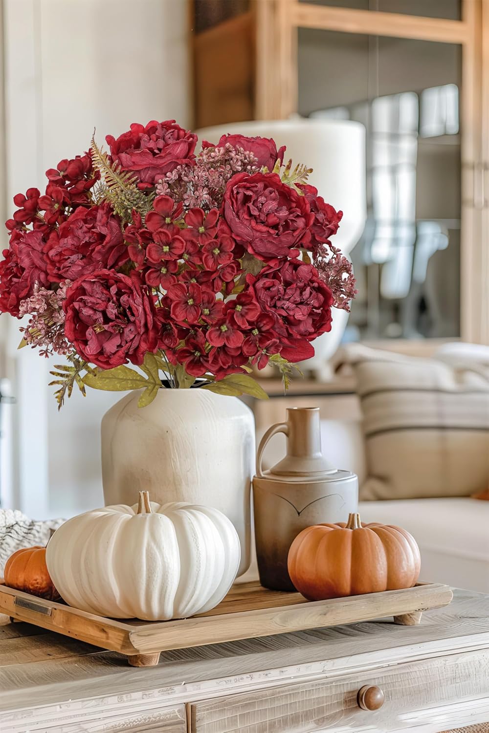 Hollyone 2 Bundles Artificial Fall Flowers Bouquet 18.8" Red Peony Hydrangea Fake Fall Floral Silk Flowers Autumn Faux Flower Arrangement for Home Wedding Table Centerpieces Thanksgiving Party Decor