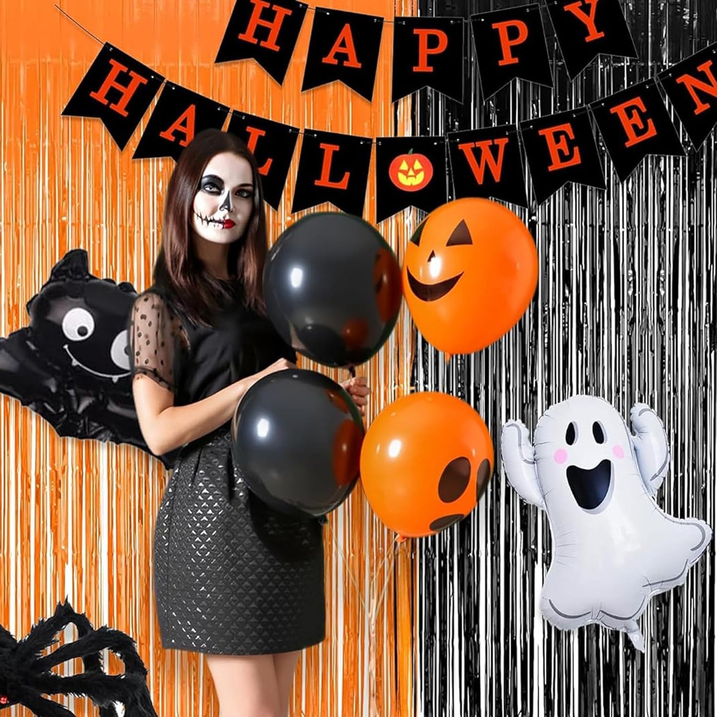 BRAVESHINE 1 Black 1 Orange Tinsel Photo Backdrop Curtains - 3.2x8.2ft Foil Fringe Streamer Curtain for Birthdays, Halloweens, Graduations, Pumpkin, Home, Indoor or Outdoor Party Supplies Decorations