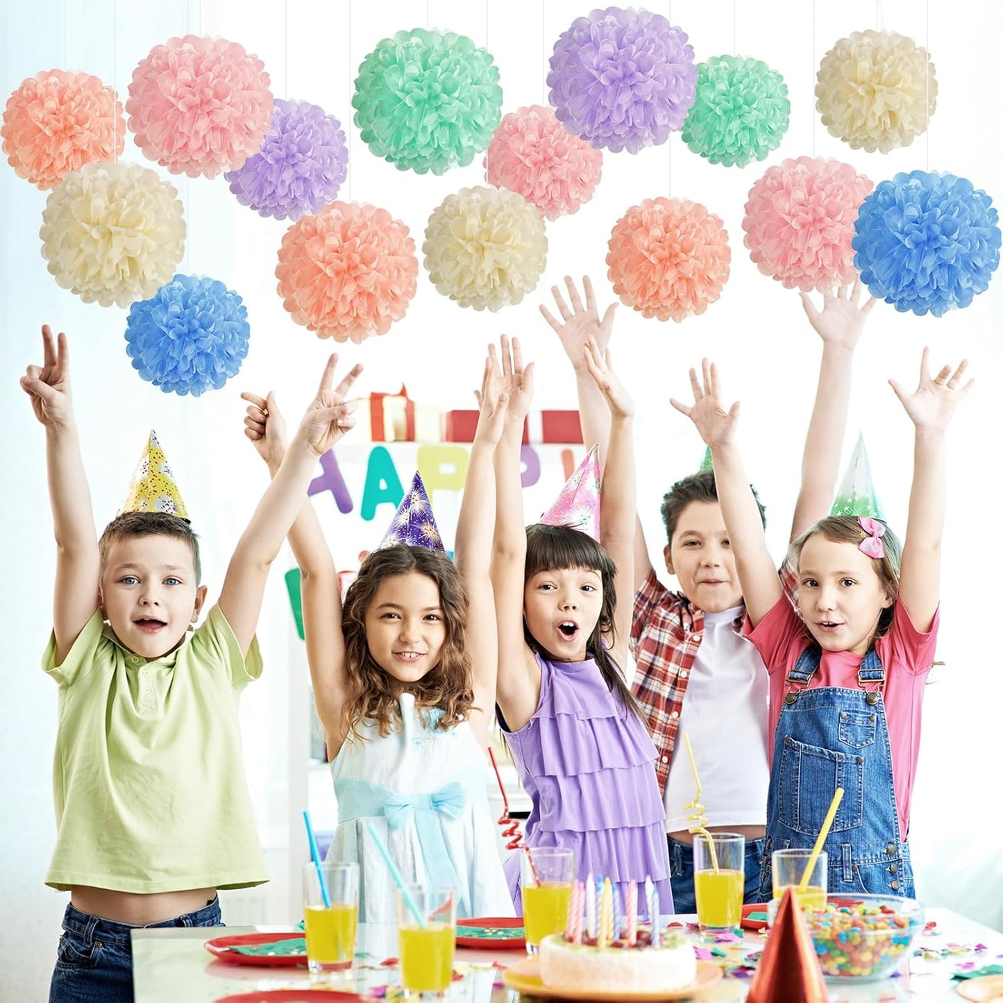 EASY JOY 15PCS Pastel Paper Tissue Pom Poms Decoration Macaron Rainbow Candy Ice Cream Easter Flowers Wall Hanging Decor for Birthday Wedding Baby Shower