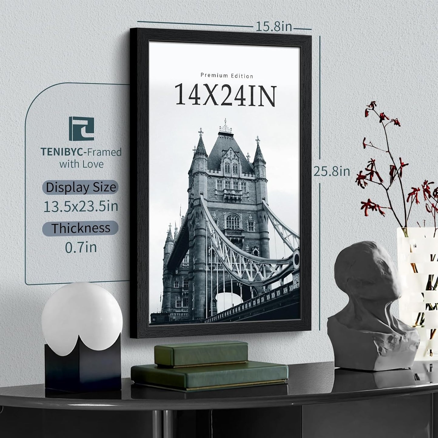 14x24 Poster Frame 3 Pack, Textured Black Solid Wood Gallery Picture Frame - Wall Hanging