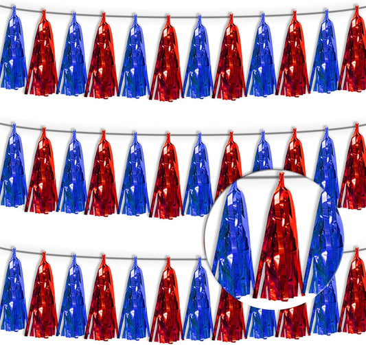 3P Blue Red Metallic Fringe Tassel Banner Garland Foil Tinsel Streamer Wall Curtain Backdrop for Parade Floats, Graduation, Independence Day, 4th of July, Patriotic Themed Party Decoration