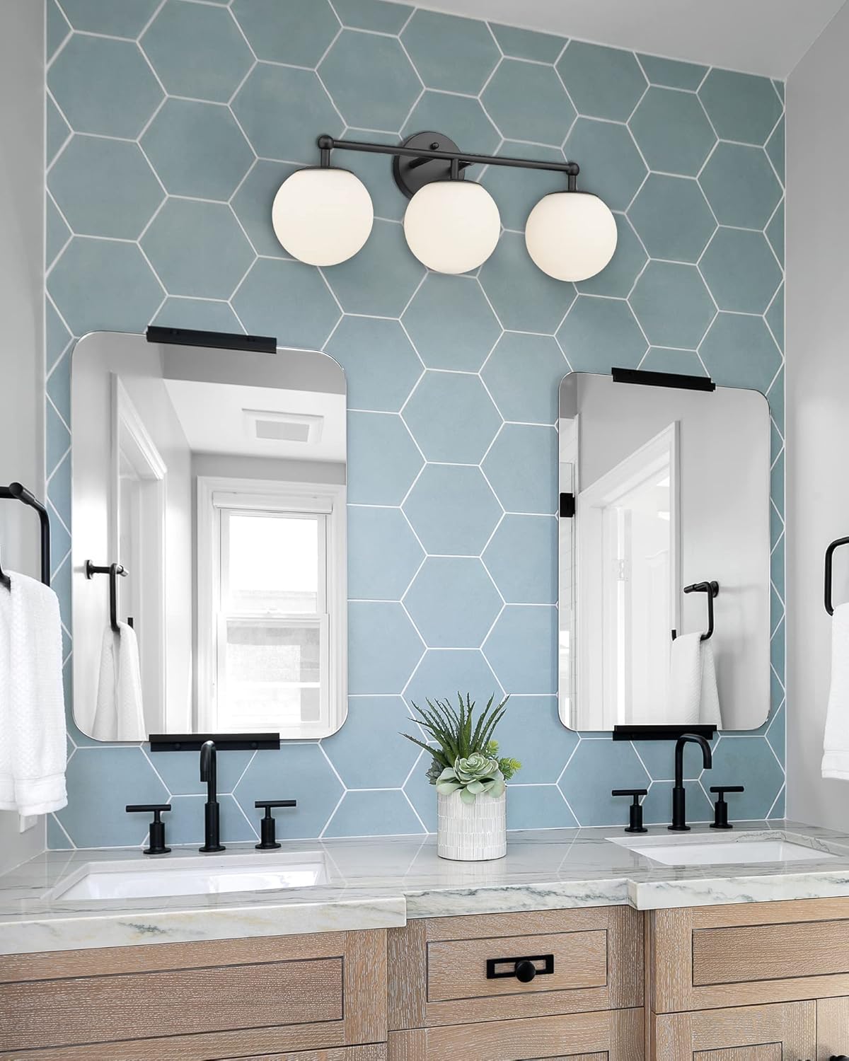 Black Vanity Lights for Bathroom, Farmhouse Bathroom Light Fixtures 3-Light Over Mirror with Milky Glass Globe Shade, KW-7307-3