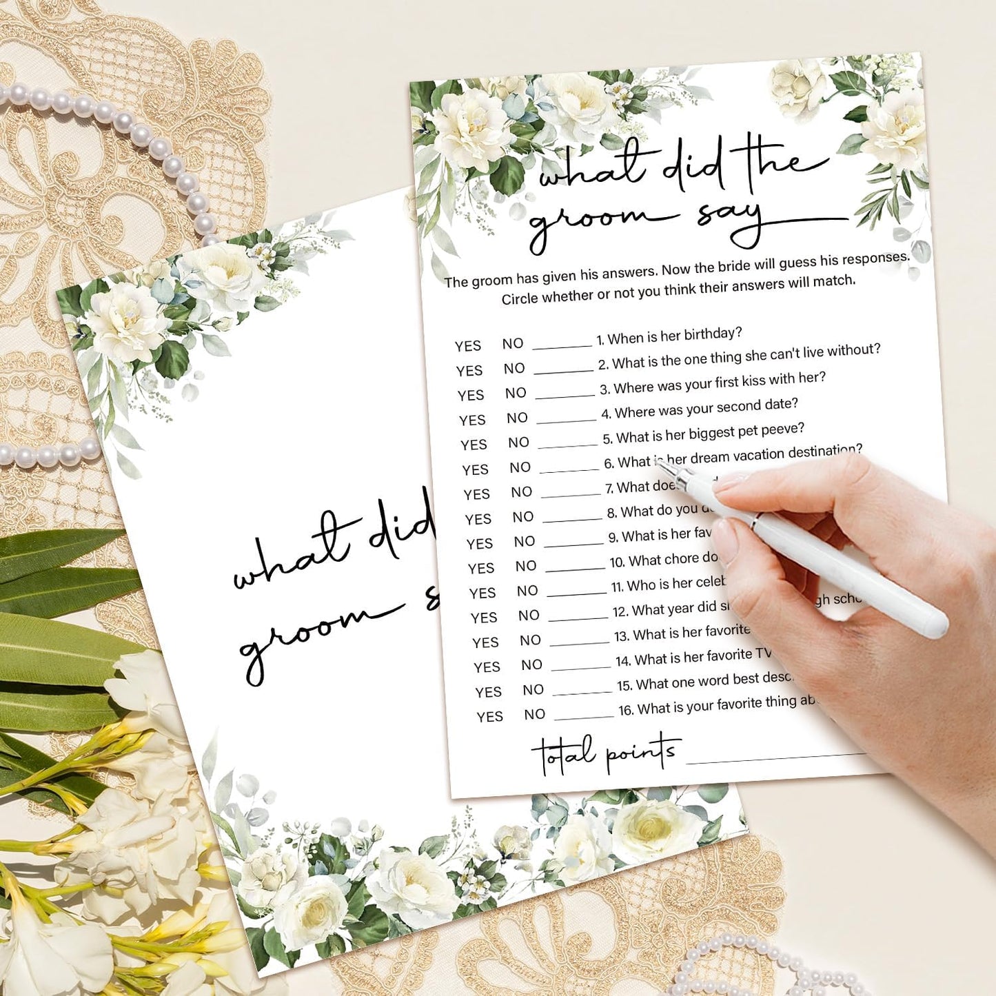 Eucalyptus Bridal Shower Games 30 Guests, What Did the Groom Say Bridal Games for Showers, White Rose Wedding Engagement Party Activity Party Supplies/Green-04