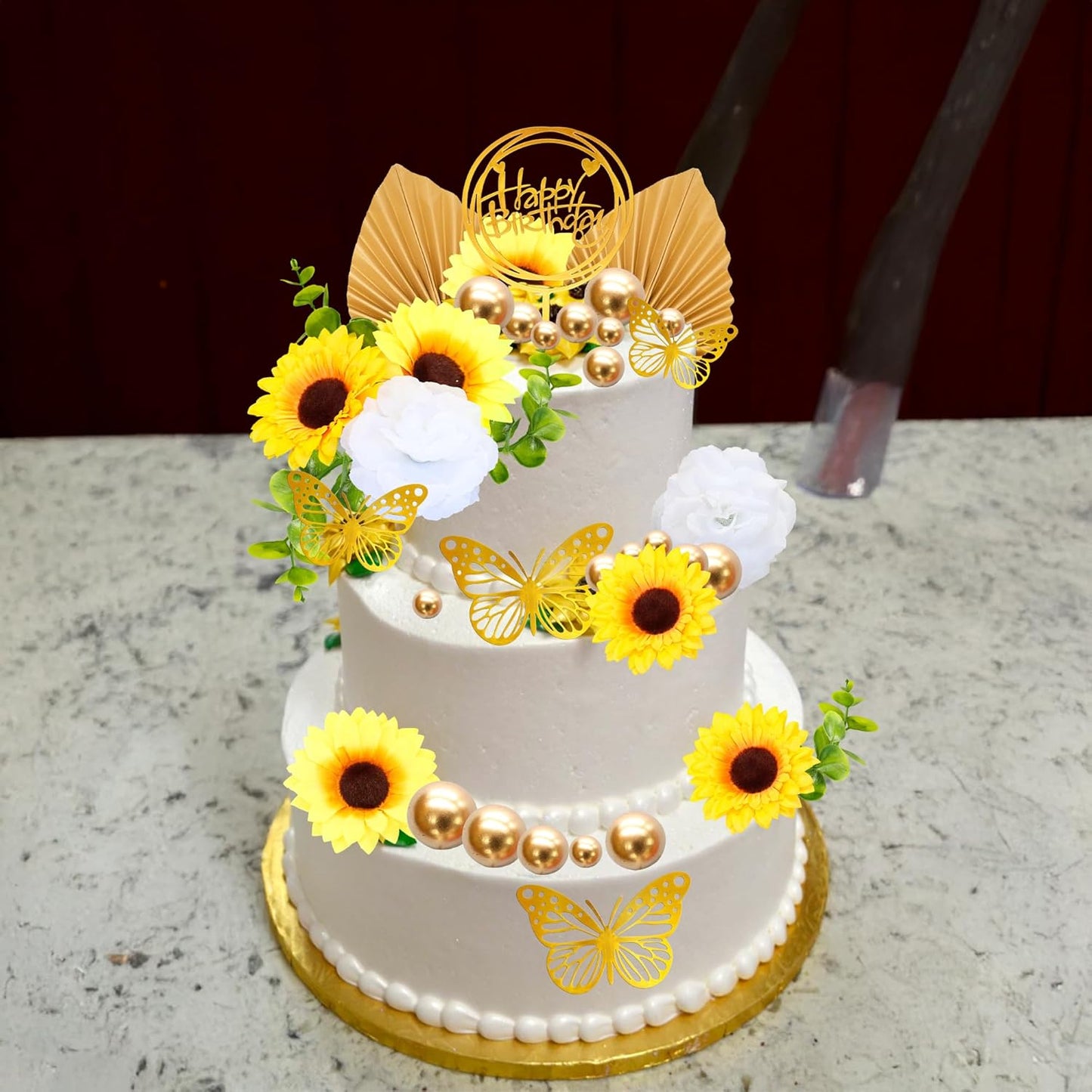 Gyufise 54Pcs Artificial Sunflower Cake Decorations Acrylic Happy Birthday Cake Topper Butterfly Balloon Cake Toppers for DIY Wedding Birthday Valentine's Day Party Supplies Yellow