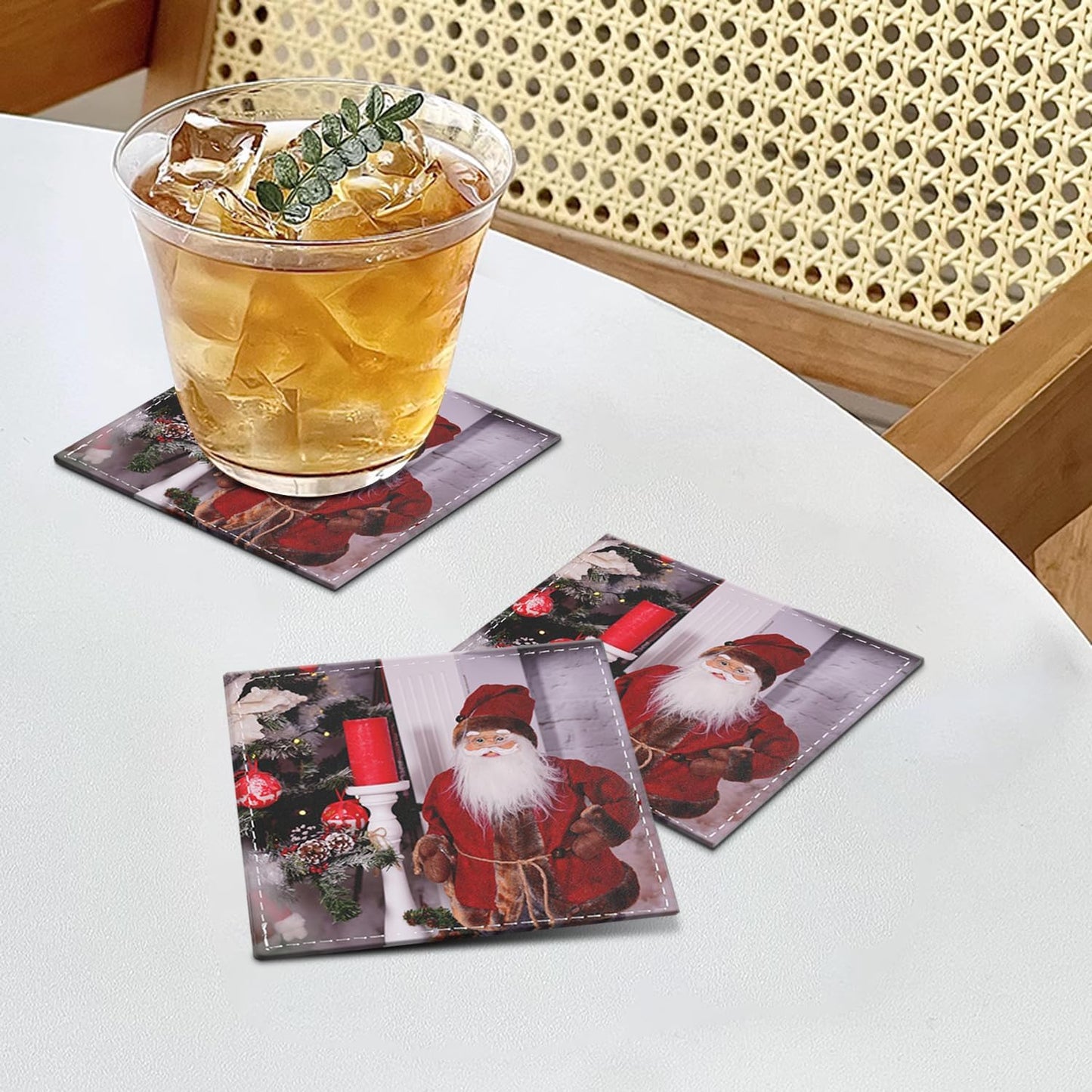 Custom Coasters Set of 6, Personalized Leather Coasters for Drinks with Holder, Customized Coasters Name, Photo, Logo for Coffee Table Bar Wine Cup Housewarming