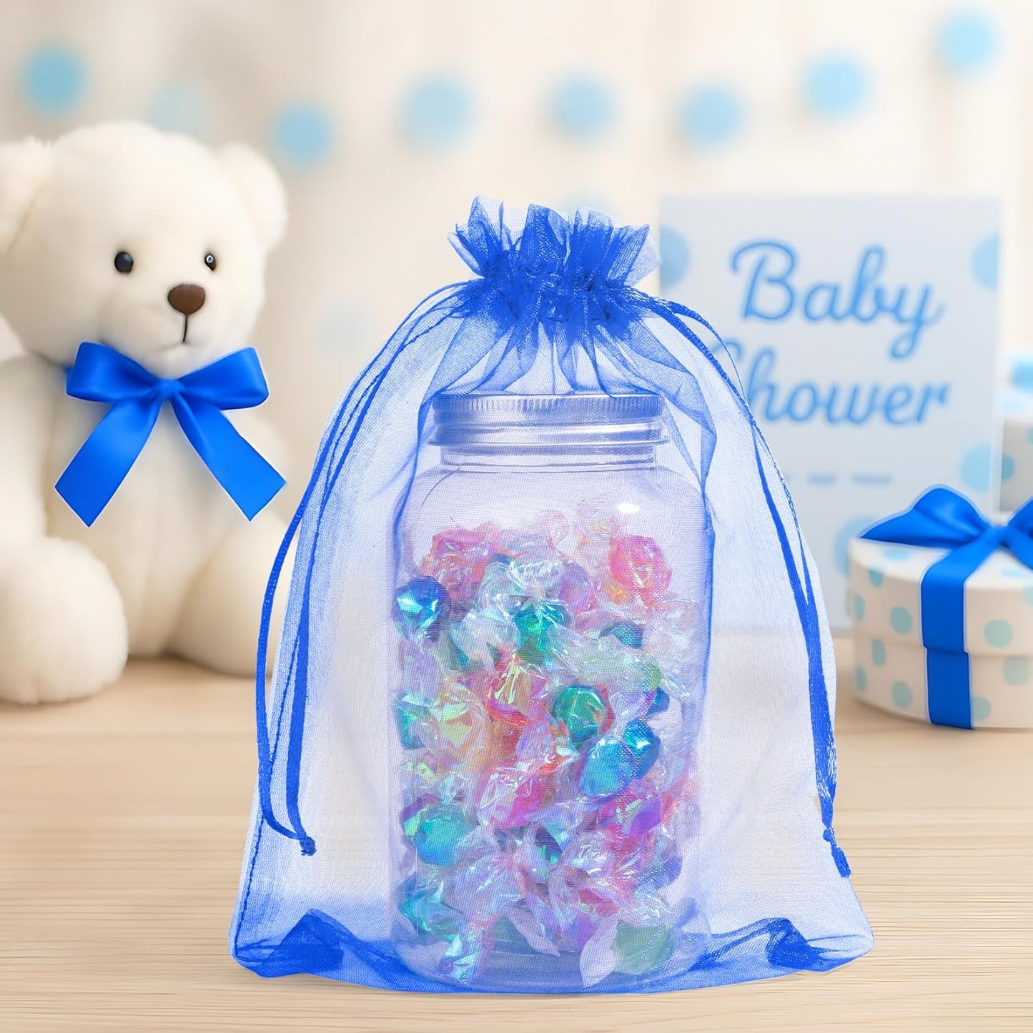 ANZNKU 100 Pack Organza Bags 6x9 Inch, Jewelry Pouches Mesh Bag Drawstring Large Organza Gift Bags for Baby Shower, Party Favors(Royal Blue)