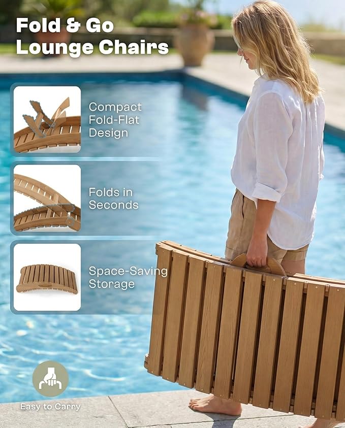 Folding HDPE Pool Lounge Chairs Set of 4, Pre-Assembled Outdoor Chaise Lounge - Image 3