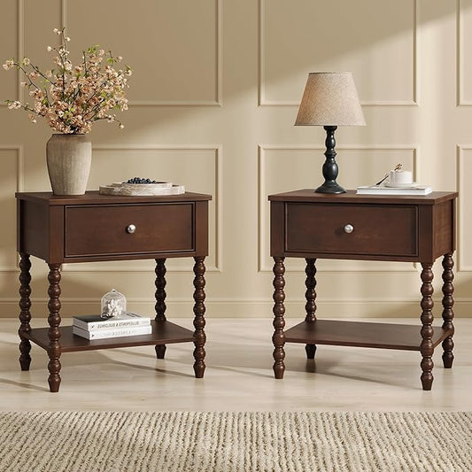 AMERLIFE 24" Walnut Nightstand Set of 2, Vintage Bedside Table by AMERLIFE