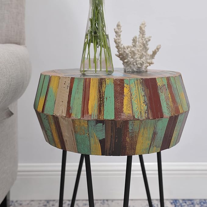 Drum Round Wood Side Table 16" x 16" x 21" H Reclaimed Rustic Multicolor Patio - Image 10