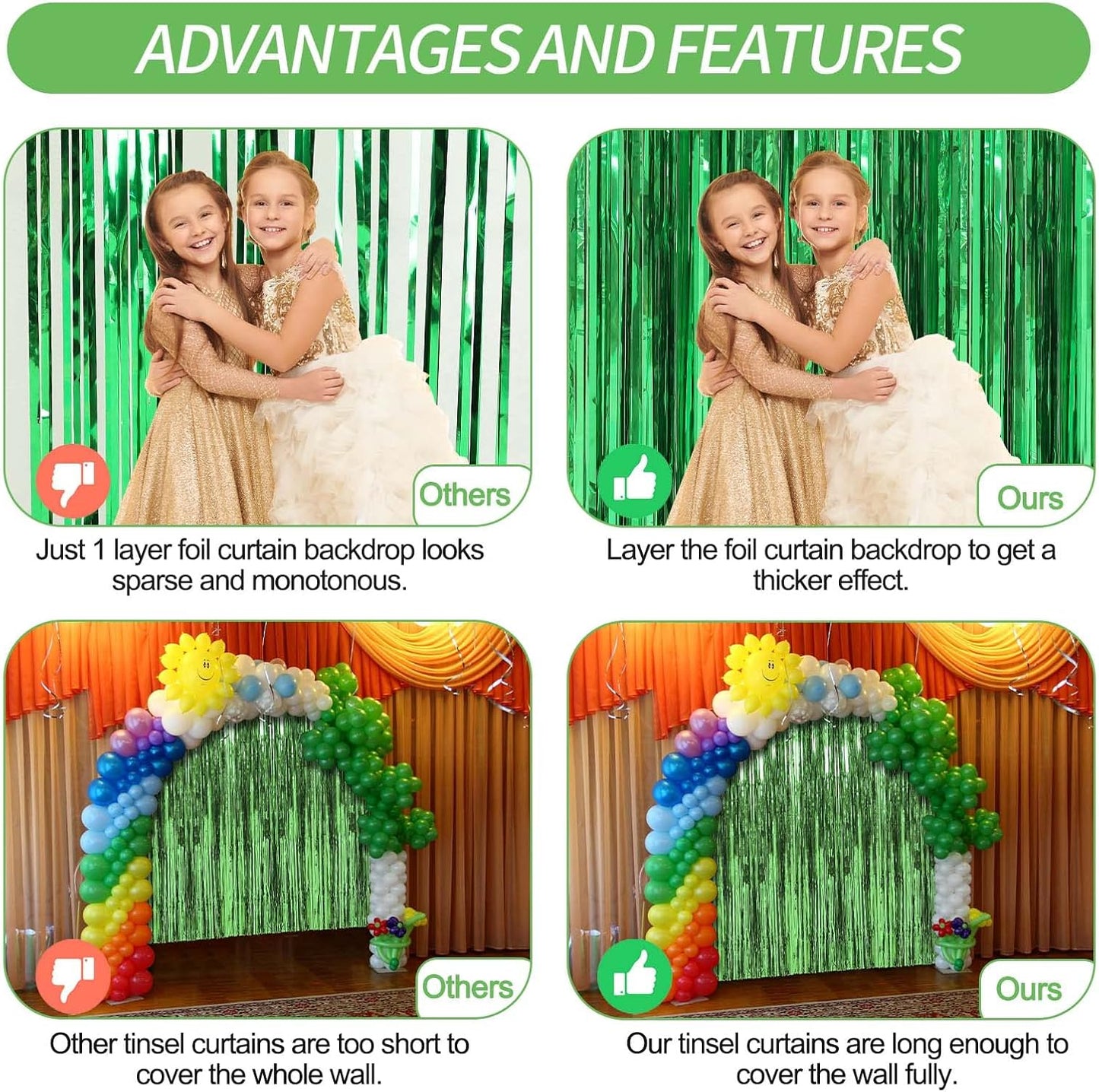 Crosize 3 Pack 3.3 x 9.9 ft Green Foil Fringe Backdrop Curtain, Streamer Backdrop Curtains, Streamers Birthday Party Decorations, Tinsel Curtain for Parties, Galentines Decor, Preppy, Photo Booth